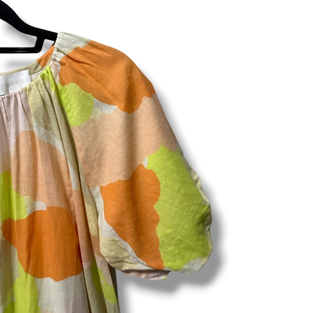 Every Abstract Floral Linen Blend Puff Sleeve Mini Dress M Boho Retro Coastal - Picture 3 of 11